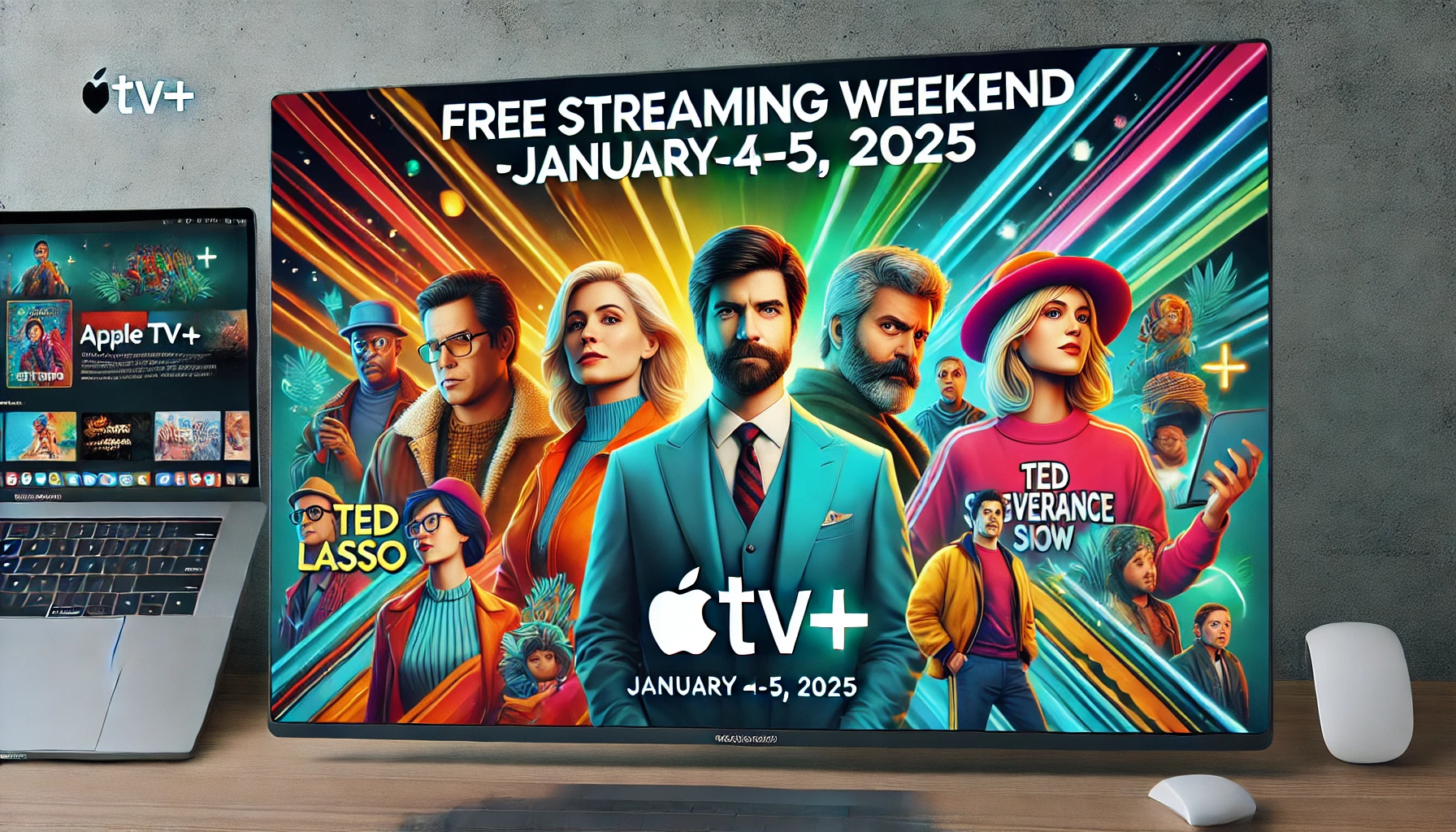 A vibrant promotional banner showcasing characters from popular Apple TV+ series like Ted Lasso, Severance, and The Morning Show with the text “Free Streaming Weekend – January 4-5, 2025.”