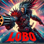 A poster showcasing Lobo, the cosmic bounty hunter, with spiked leather gear, long hair, and a fierce expression against a colorful nebula background.