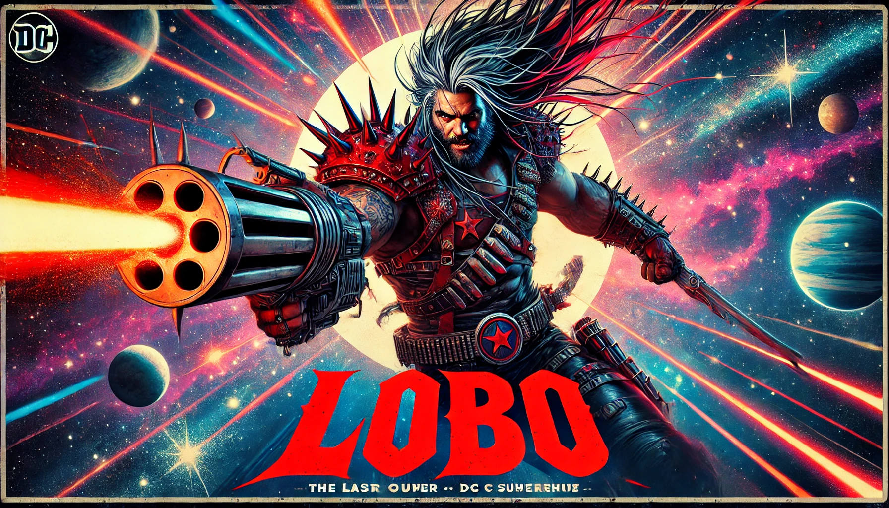 A poster showcasing Lobo, the cosmic bounty hunter, with spiked leather gear, long hair, and a fierce expression against a colorful nebula background.