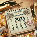 A festive image showcasing New Year’s Eve 2024 with a calendar displaying December 31, celebratory decorations, and shopping bag visuals, symbolizing open and closed services.