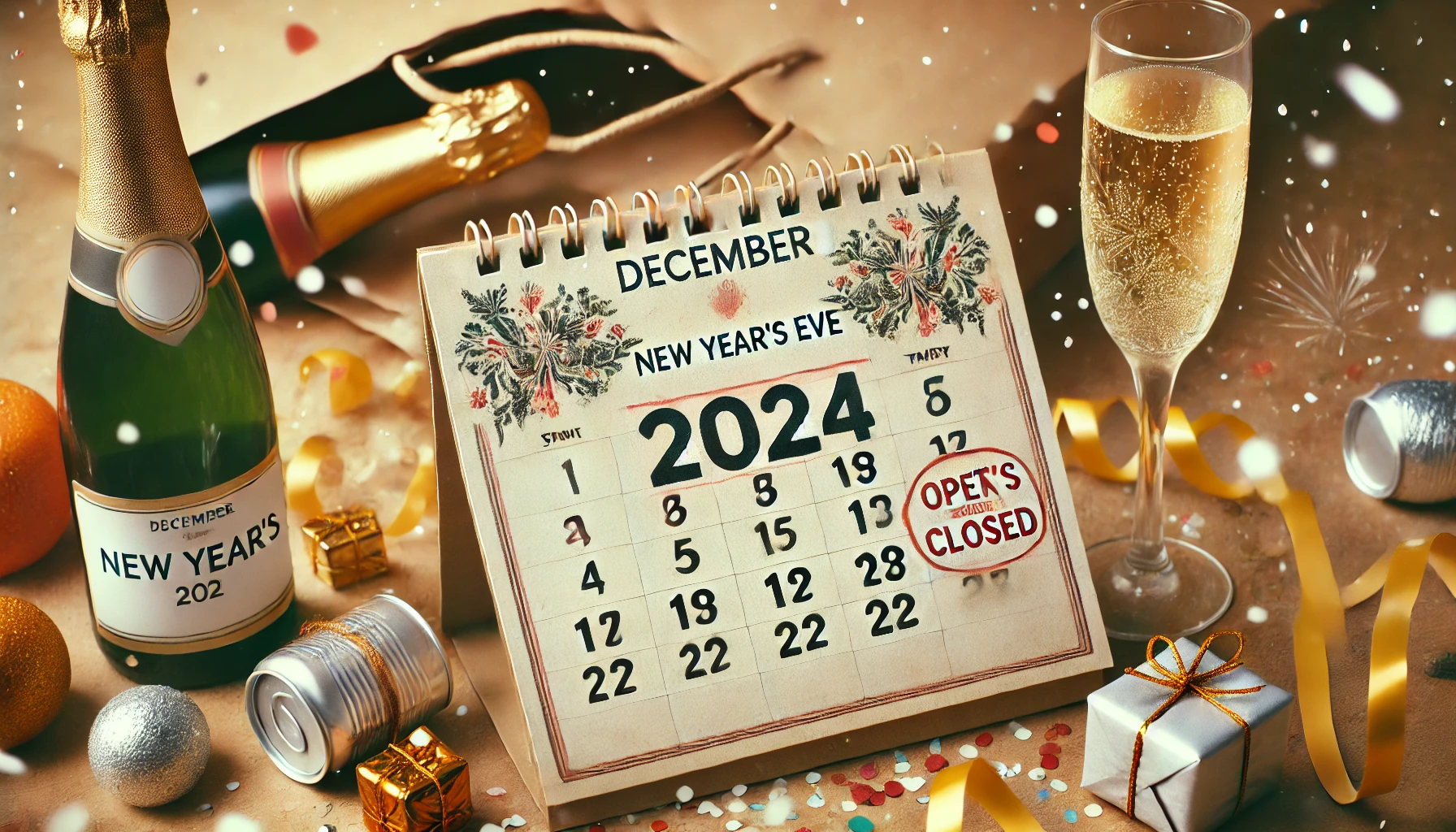 A festive image showcasing New Year’s Eve 2024 with a calendar displaying December 31, celebratory decorations, and shopping bag visuals, symbolizing open and closed services.