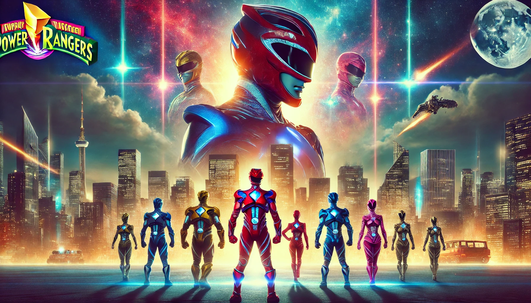 Modernized Power Rangers in futuristic armor standing heroically with a city skyline