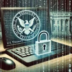 Digital artwork showing a cyberattack on a government system with a breached digital lock, lines of binary code, and the U.S. Treasury seal in the background.