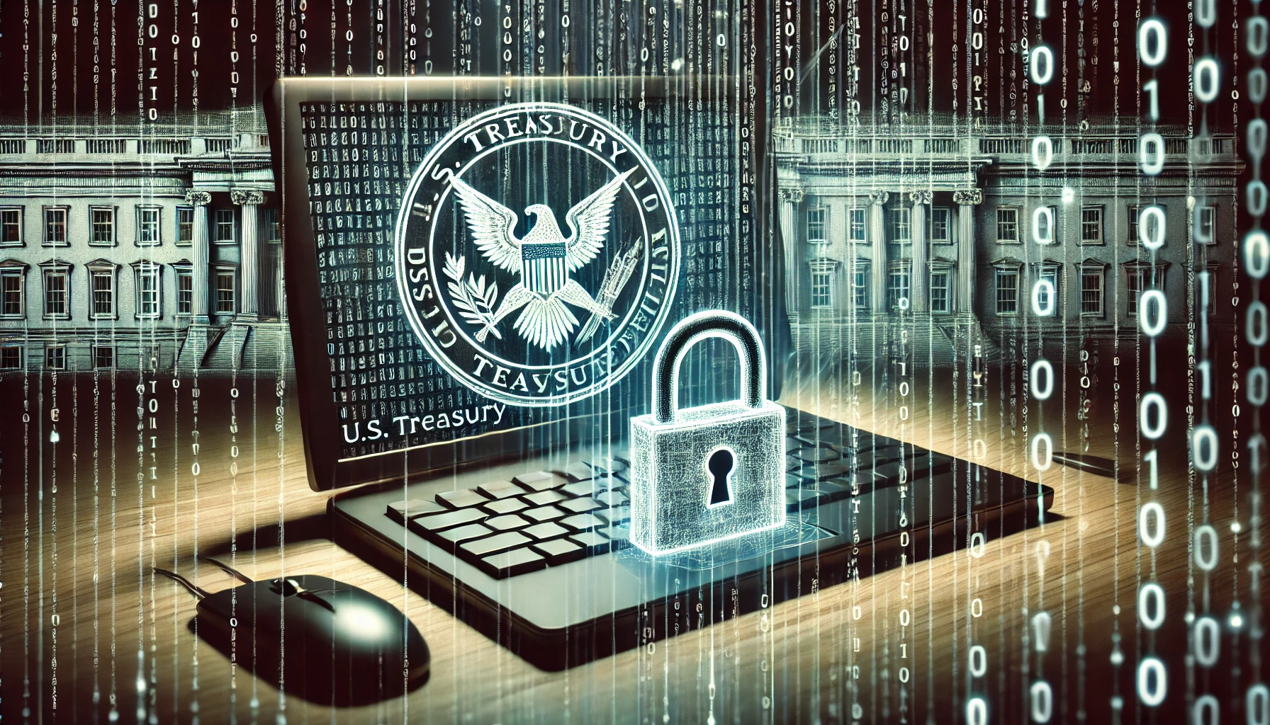 Digital artwork showing a cyberattack on a government system with a breached digital lock, lines of binary code, and the U.S. Treasury seal in the background.