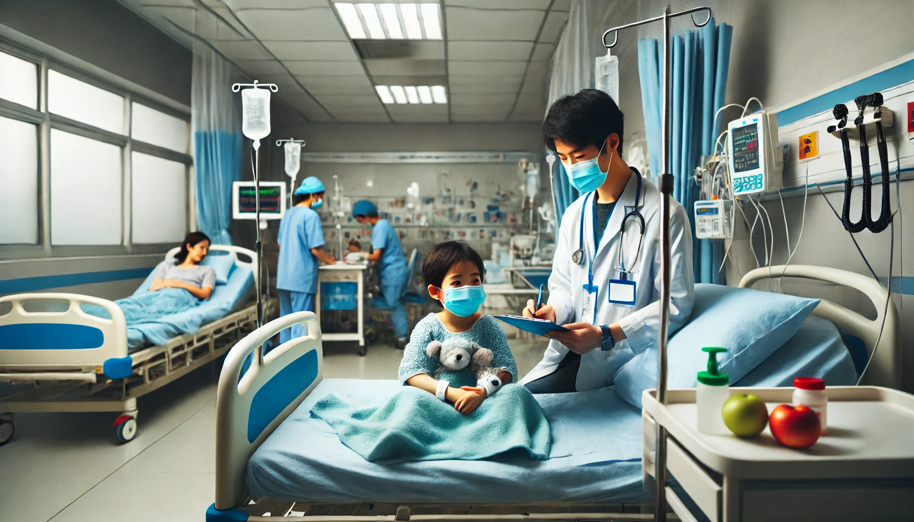 A hospital scene showing a healthcare worker wearing a mask while attending to a sick child in a pediatric ward, symbolizing the HMPV outbreak in China.