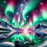 A breathtaking image of the Northern Lights on New Year’s Eve 2024, illuminating a snow-covered landscape with green and pink hues under a starry sky.