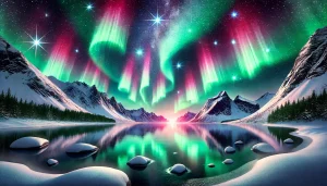 A breathtaking image of the Northern Lights on New Year’s Eve 2024, illuminating a snow-covered landscape with green and pink hues under a starry sky.