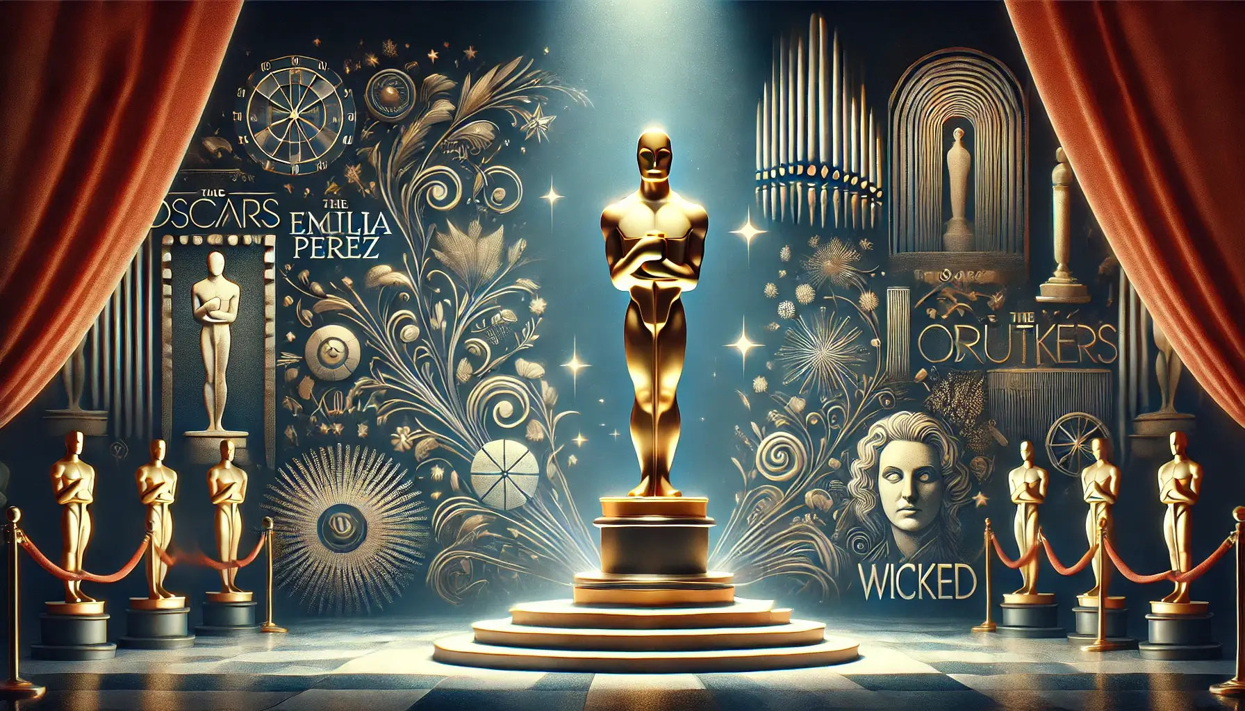 An Oscar statuette on a dramatic stage backdrop, surrounded by elements symbolizing Emilia Perez, The Brutalist, and Wicked, highlighting the 2025 Oscar nominations.