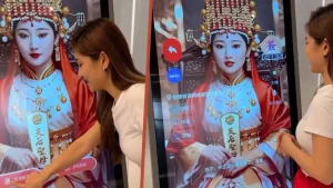 AI Mazu statue on digital display at Tianhou Temple