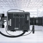 A sophisticated graphic showing film reels transforming into data streams processed by an AI brain, symbolizing the AI film company partnership between Largo.ai and Brilliant Pictures.