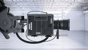 A sophisticated graphic showing film reels transforming into data streams processed by an AI brain, symbolizing the AI film company partnership between Largo.ai and Brilliant Pictures.