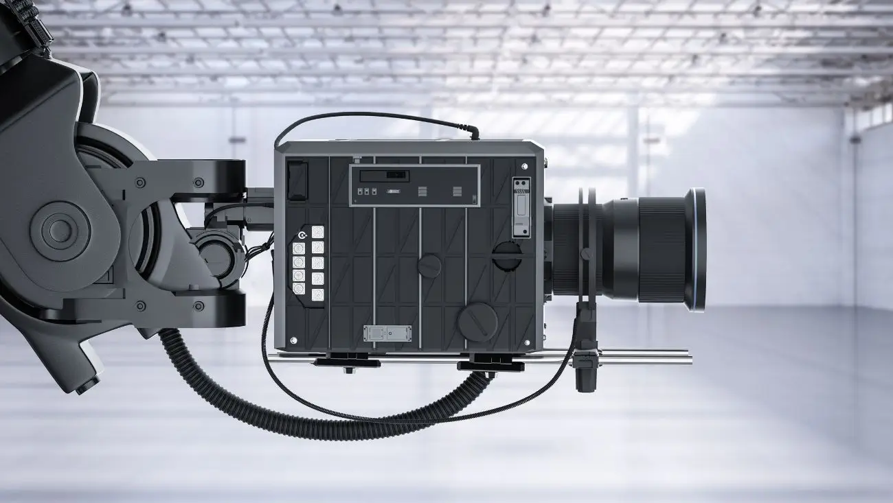 A sophisticated graphic showing film reels transforming into data streams processed by an AI brain, symbolizing the AI film company partnership between Largo.ai and Brilliant Pictures.