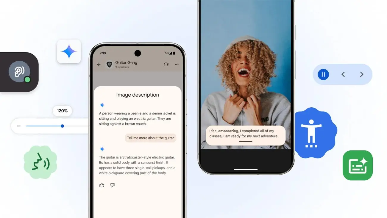 Technical illustration of Google AI accessibility features, with Gemini AI in Android TalkBack analyzing an image