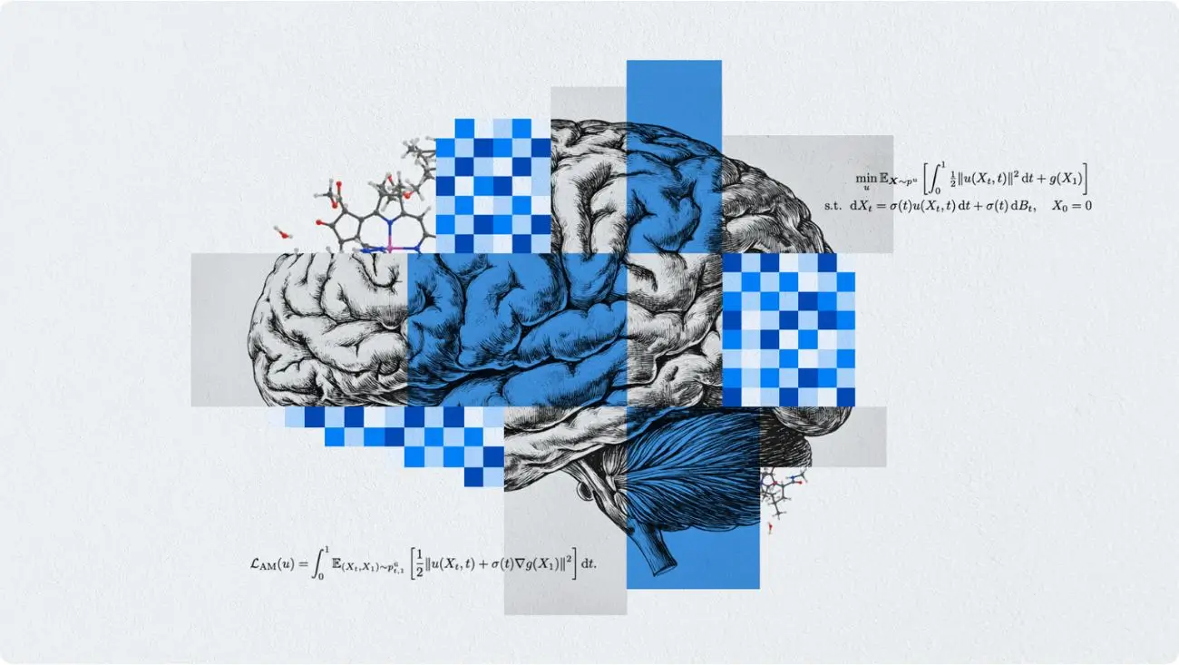 A technical illustration of interconnected molecular structures with AI network overlays, representing the Meta AI Science Open Molecules 2025 dataset and models.