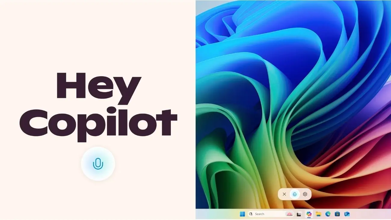 Windows 11 desktop showcasing the Copilot interface with a microphone icon, illustrating the “Hey, Copilot!” voice activation feature.